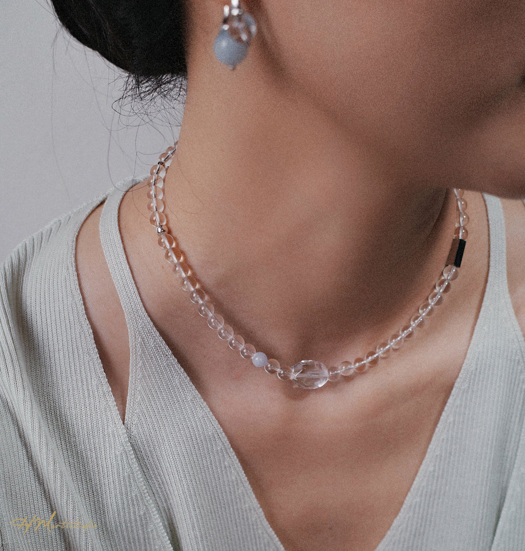 Freeform Rock Crystal Quartz Aquamarine Magnetic Necklace