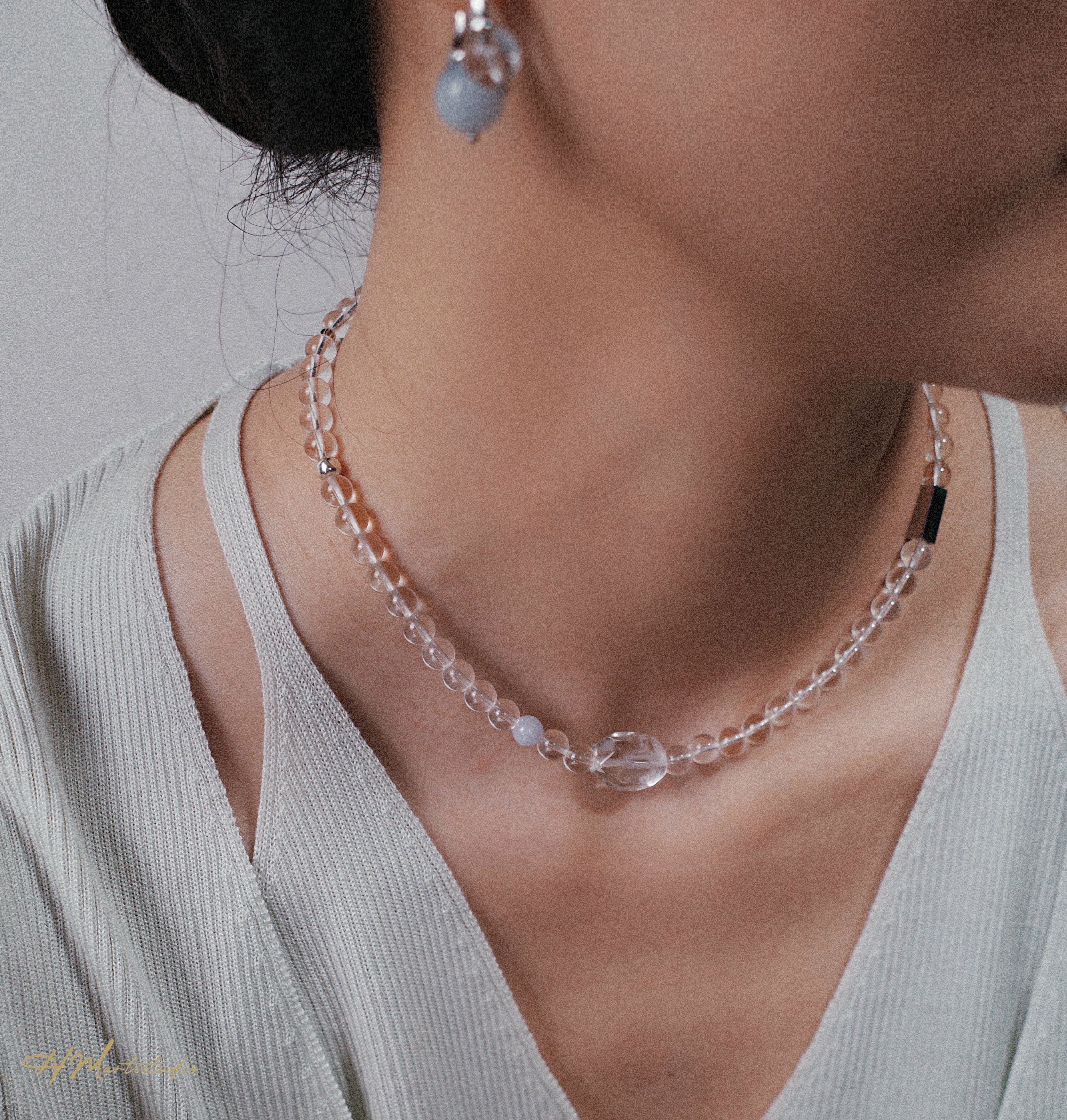 Freeform Rock Crystal Quartz Aquamarine Magnetic Necklace