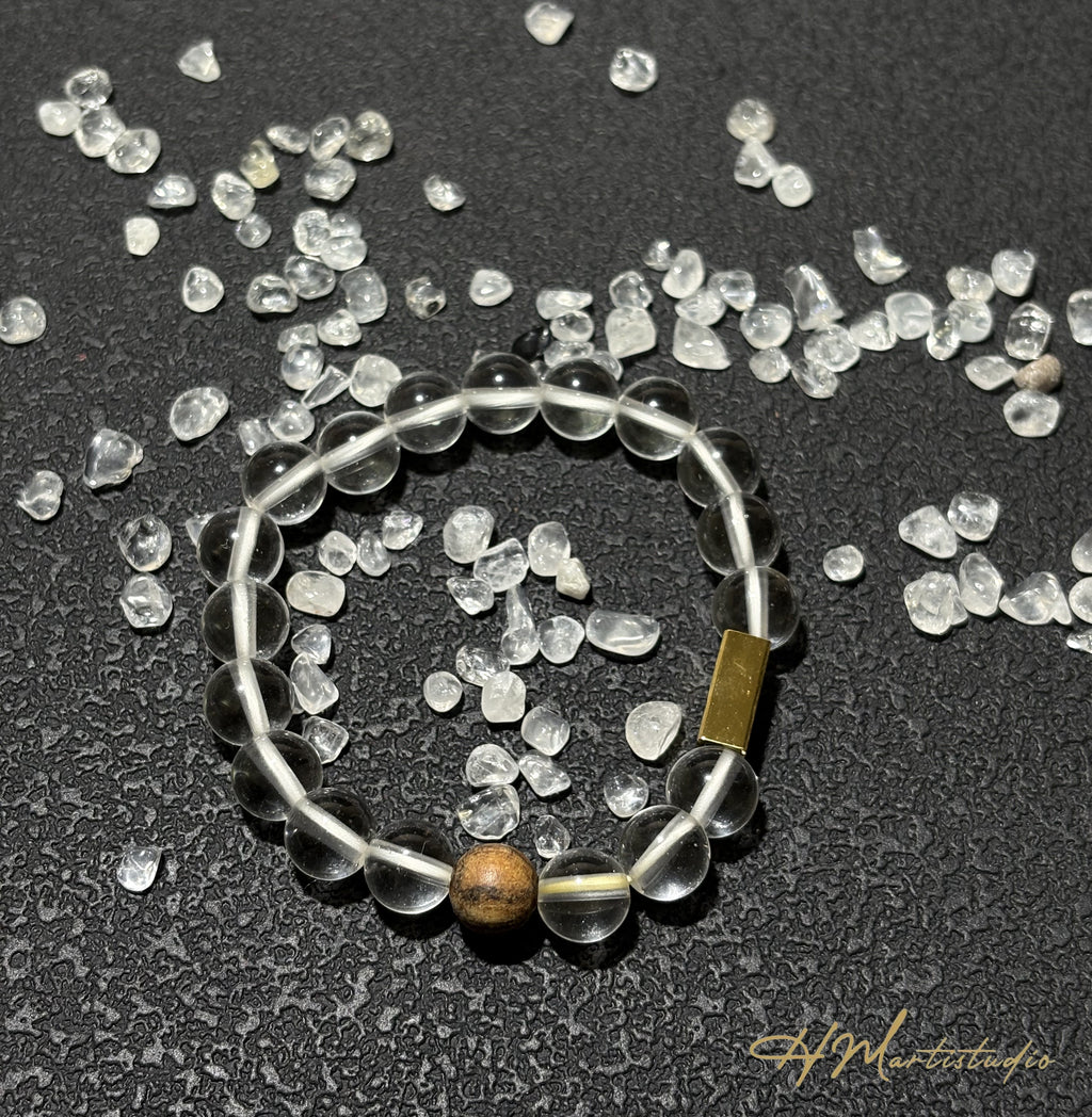 Rock Crystal Quartz Gong Wood Elastic Bracelet